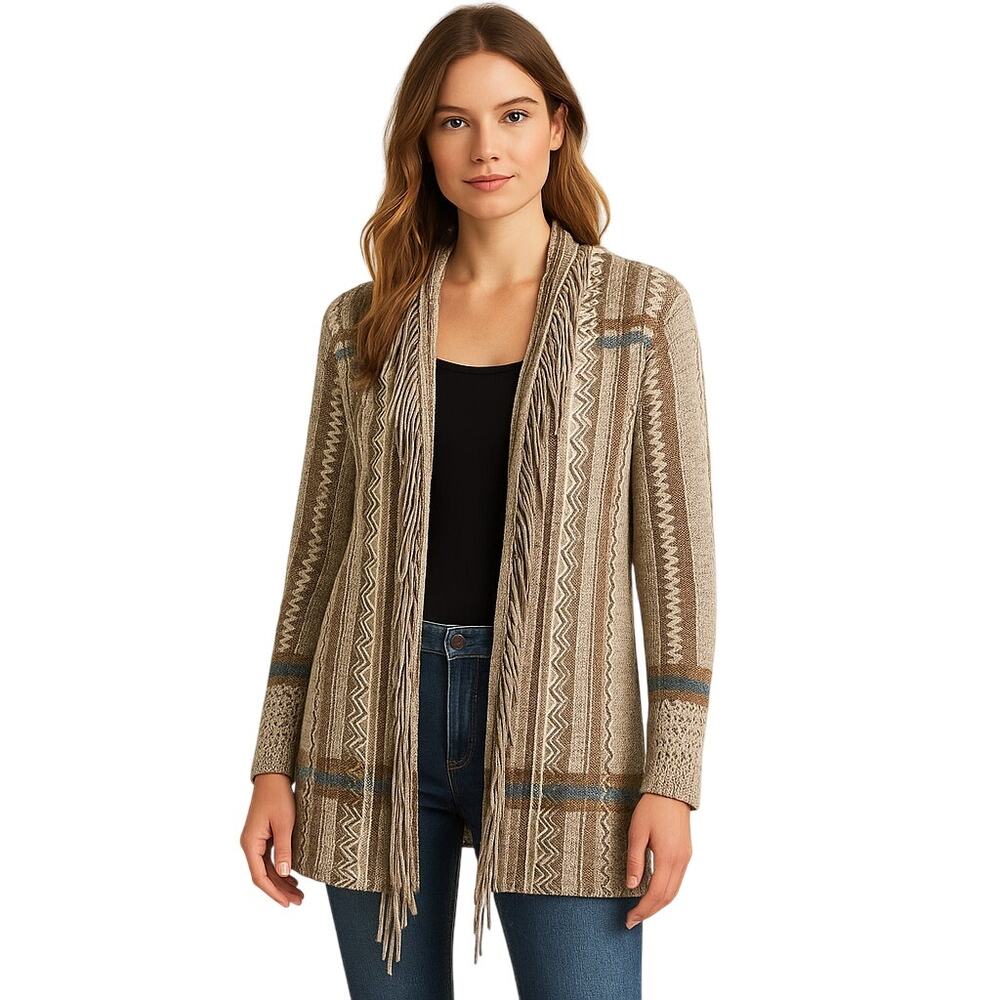 Nic + Zoe Women's Small Open Fringe Knit Cardigan Brown Boho Chic